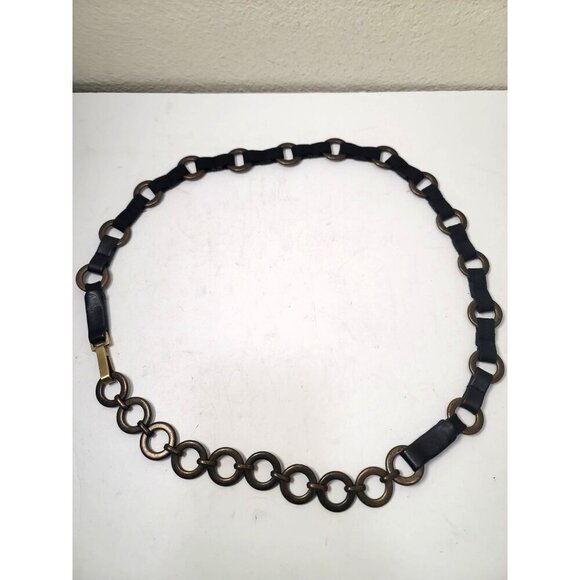 Vintage Chain Link Belt Black & Bronze Metal Leather And Elastic Women's Accesso - Picture 2 of 6